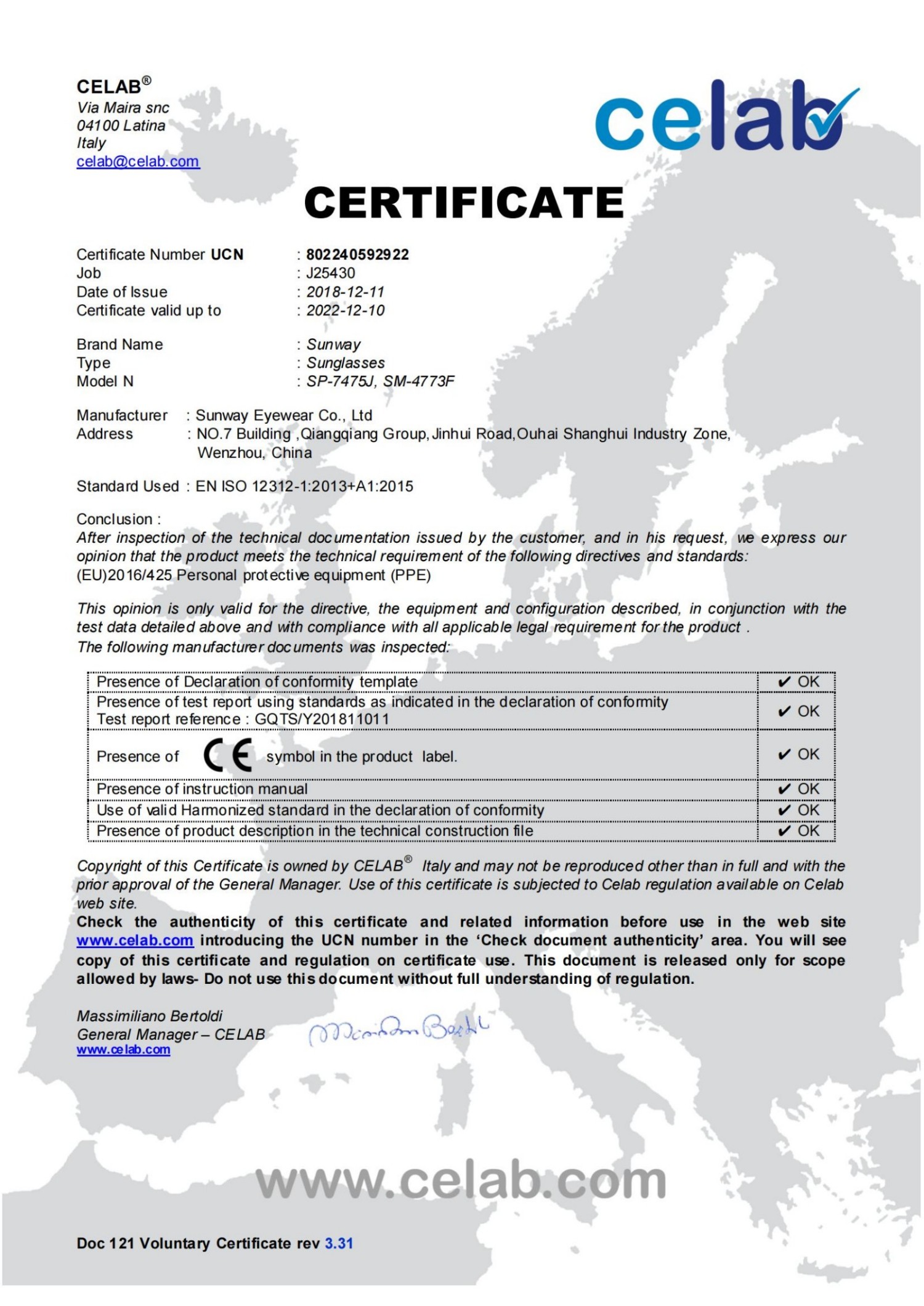 CE - Sunglasses Certificate