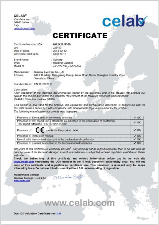 CE - Reading Glasses Certificate